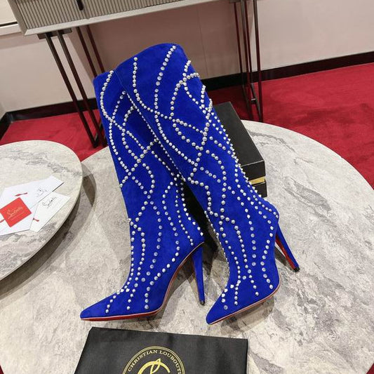 WOMEN’S BLUE SUEDE CRYSTAL-EMBELLISHED STILETTO BOOTS